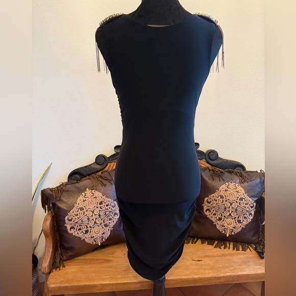 Symphony Vintage Black Midi Bodycon Dress With Chain Fringe & Studded Shoulders - Picture 7 of 9